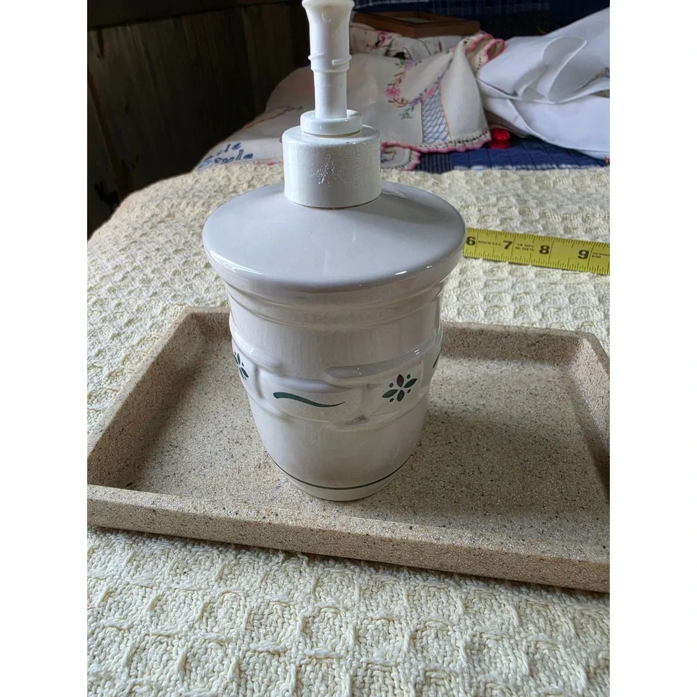 Longaberger Pottery Woven Traditions Ivory Soap Dispenser and Tray Set Green